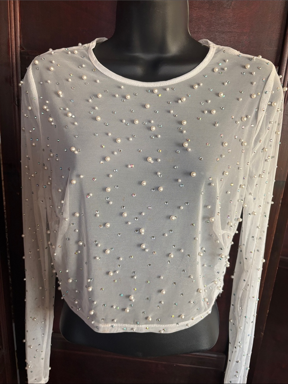 Windsor White Pearl & Crystal Mesh Long-Sleeve Top